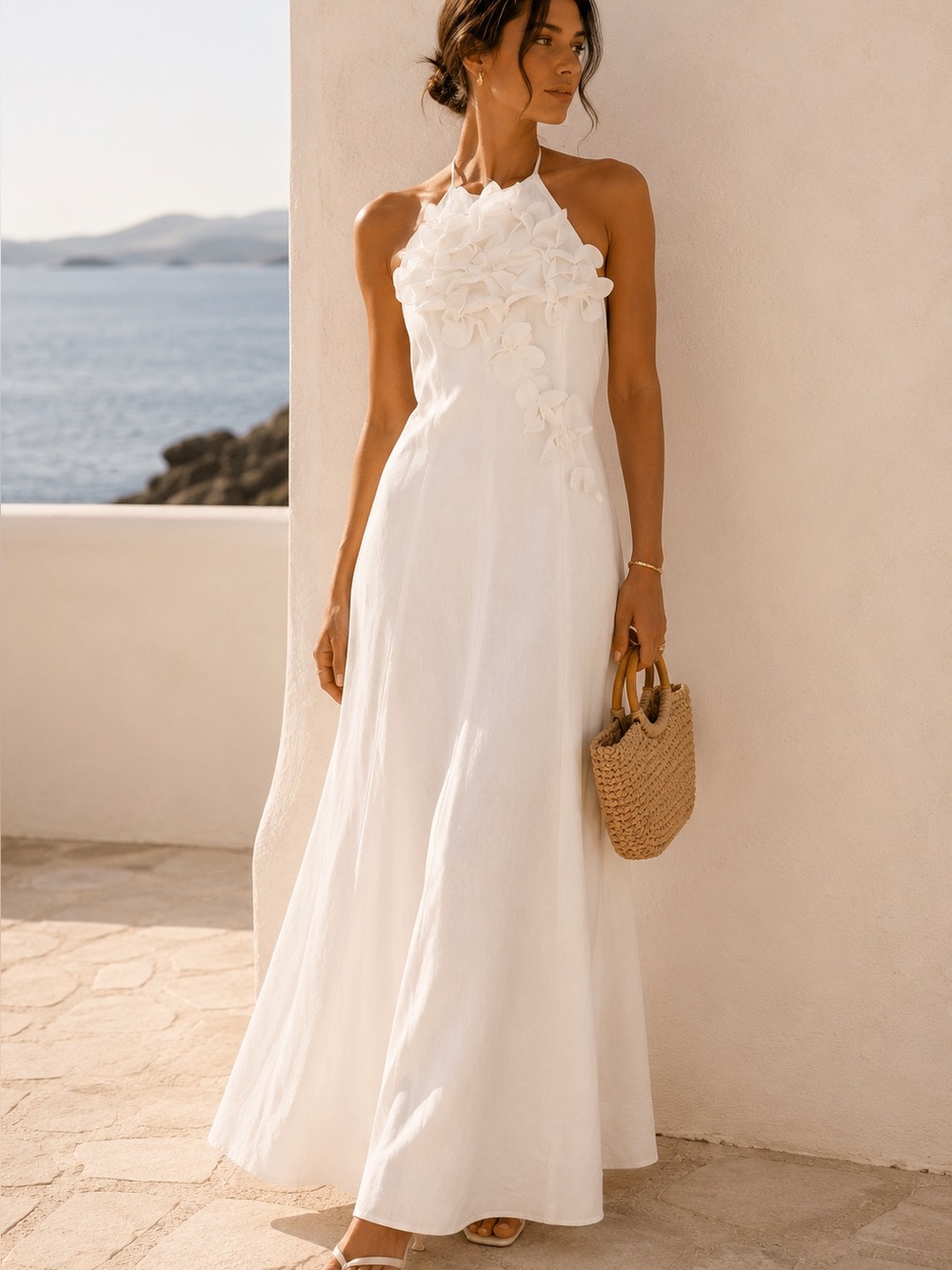 Caroline Constas White Floral Appliqué Halter Maxi Dress 10 NWT